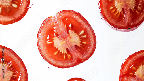 Ultra-sharp, vibrant tomato slices falling through the air against a clean white background, captured in crisp product photography. Each slice appears fresh and juicy, with rich red tones and finely d photo