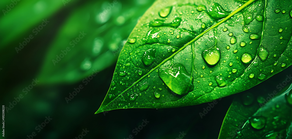 Fototapeta premium Close-up of fresh green leaves with water droplets on a natural background.