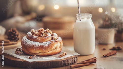 Homemade cinnamon bun and a bottle of milk generative ai