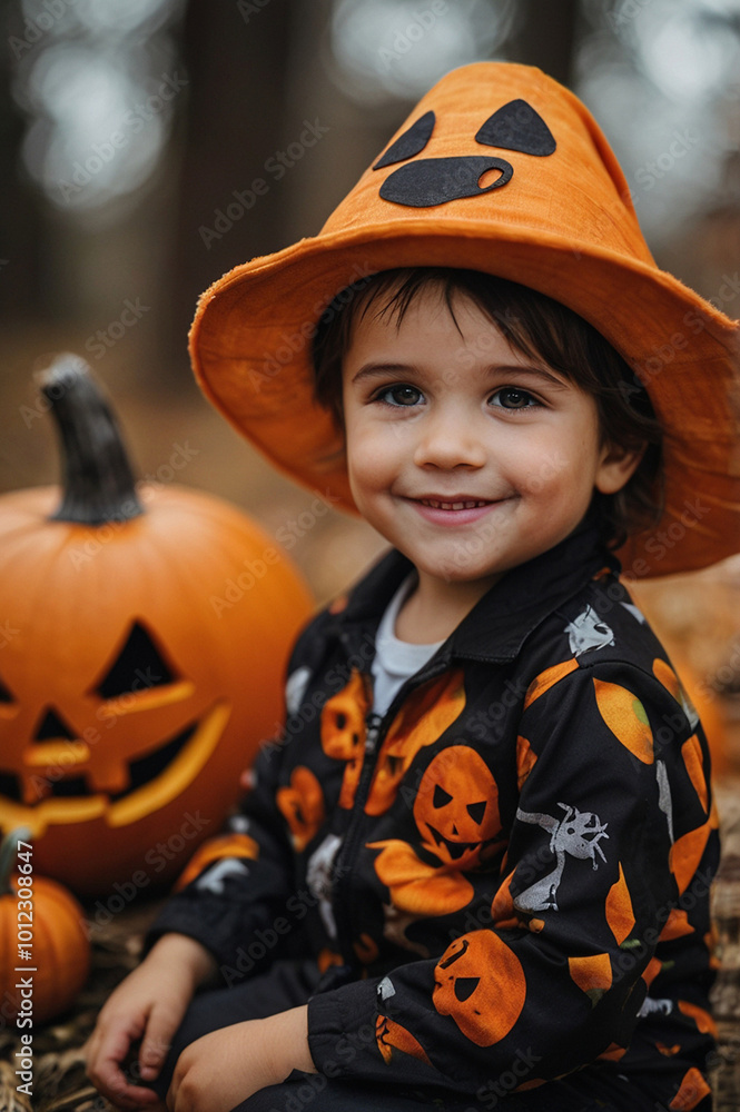 A portrait of a kid dressed up in a scary costume for Halloween surrounded by pumpkins A portrait of a kid dressed up in a scary costume for Halloween surrounded by pumpkins
