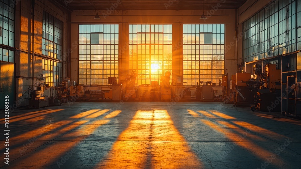 A large industrial space with a view of the sunset. The sun is setting through the large windows, casting long shadows across the floor. A large industrial space with a view of the sunset. The sun is setting through the large windows, casting long shadows across the floor.