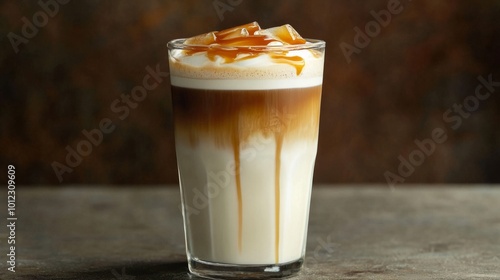Iced caramel macchiato in a tall glass with milk layers and caramel drizzle generative ai
