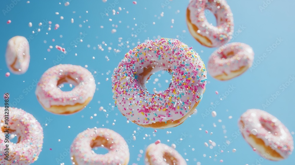 Iced donuts with sprinkles falling in motion generative ai Iced donuts with sprinkles falling in motion generative ai