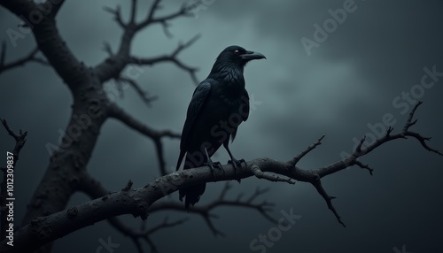 Mysterious raven perched on bare branch against gloomy sky