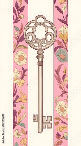 Pink and White Floral Pattern with Central Key