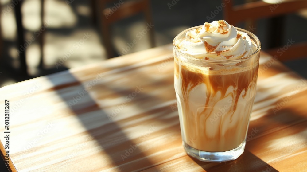 Iced vanilla latte with a swirl of whipped cream, on a sunny patio cafe generative ai Iced vanilla latte with a swirl of whipped cream, on a sunny patio cafe generative ai