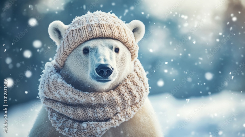 Obraz premium Polar Bear Wearing a Knit Hat and Scarf in the Snow