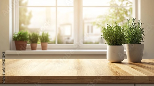 Showcase your product in a serene Scandinavian kitchen setting. The minimalist design, featuring a wooden countertop and ample natural light