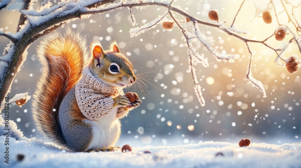 Fototapeta premium A Cute Squirrel Wearing a Knitted Scarf in a Snowy Forest