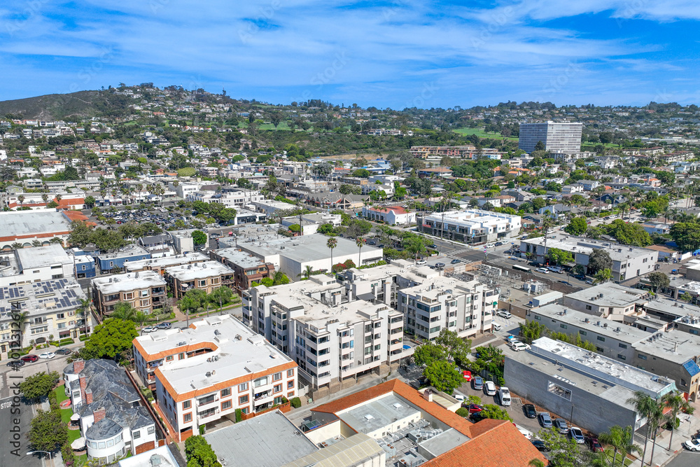 Aerial view over La Jolla with big villas and ocean in the background, San Diego, California, USA Aerial view over La Jolla with big villas and ocean in the background, San Diego, California, USA