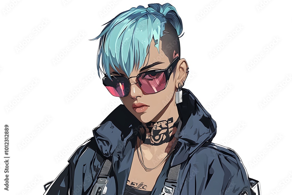 Cool cyberpunk girl with blue hair, pink sunglasses, and tattoos Cool cyberpunk girl with blue hair, pink sunglasses, and tattoos