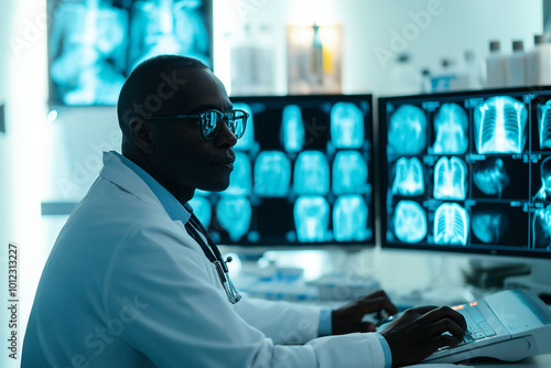 A doctor is sitting in front of two computer monitors