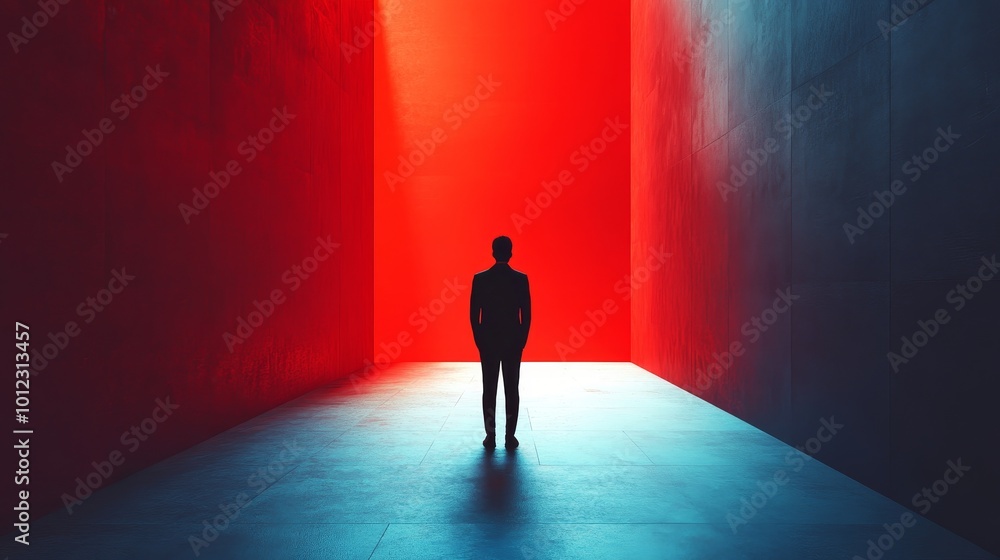 A man stands in a red and blue room A man stands in a red and blue room