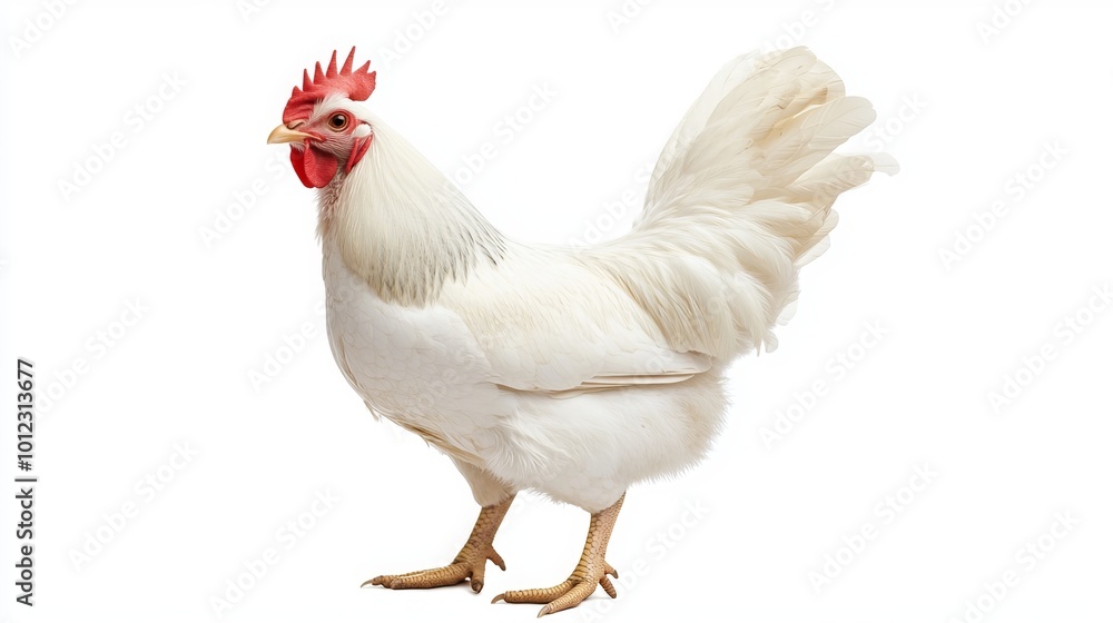 White chicken in smart poultry farming, an economical livestock option in closed system farms. Isolated on white background with clipping path. 