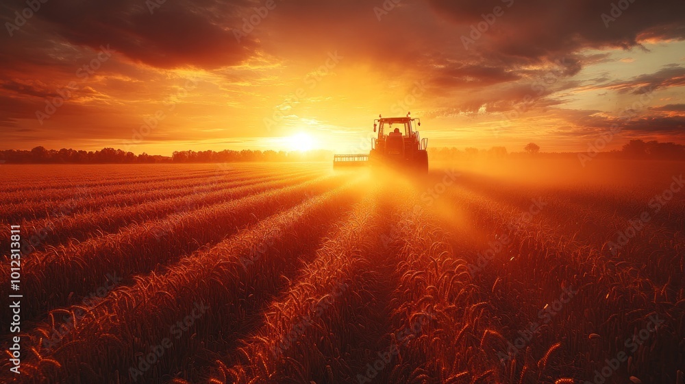 Fototapeta premium A tractor working in a field at sunset. The sun is shining through the dust kicked up by the tractor, creating a dramatic effect.