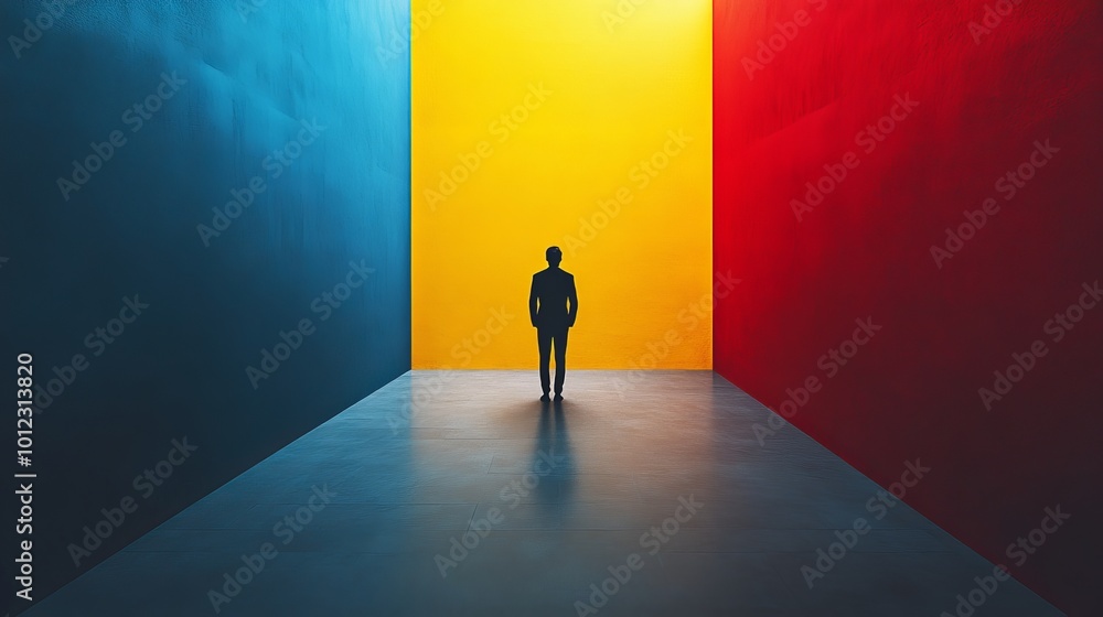 A man stands in a hallway with three walls of different colors A man stands in a hallway with three walls of different colors