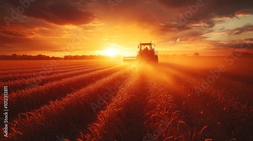 A tractor working in a field at sunset. The sun is shining through the dust kicked up by the tractor, creating a dramatic effect.