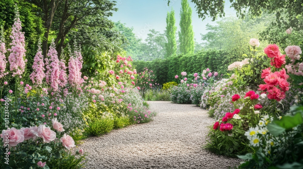 A Stone Pathway Through a Lush Garden of Pink and White Flowers A Stone Pathway Through a Lush Garden of Pink and White Flowers