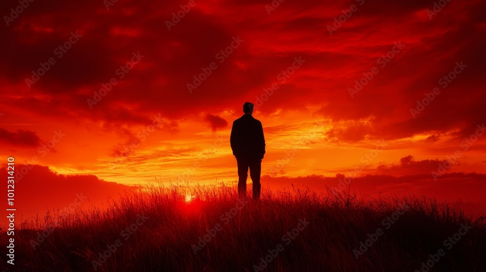 A man stands alone on a hilltop during sunset A man stands alone on a hilltop during sunset
