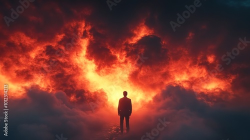 A man stands in front of a fiery cloud, looking up at the sky