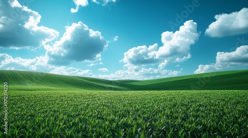 A large field of green grass with a blue sky and clouds