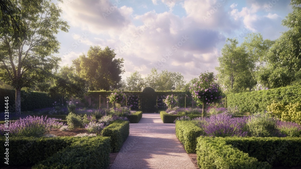 A Sunlit Garden Path Lined with Lush Greenery and Purple Flowers A Sunlit Garden Path Lined with Lush Greenery and Purple Flowers