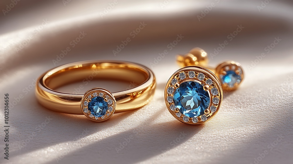 A gold ring and earrings with a blue gemstone and small diamonds on a white fabric background. A gold ring and earrings with a blue gemstone and small diamonds on a white fabric background.