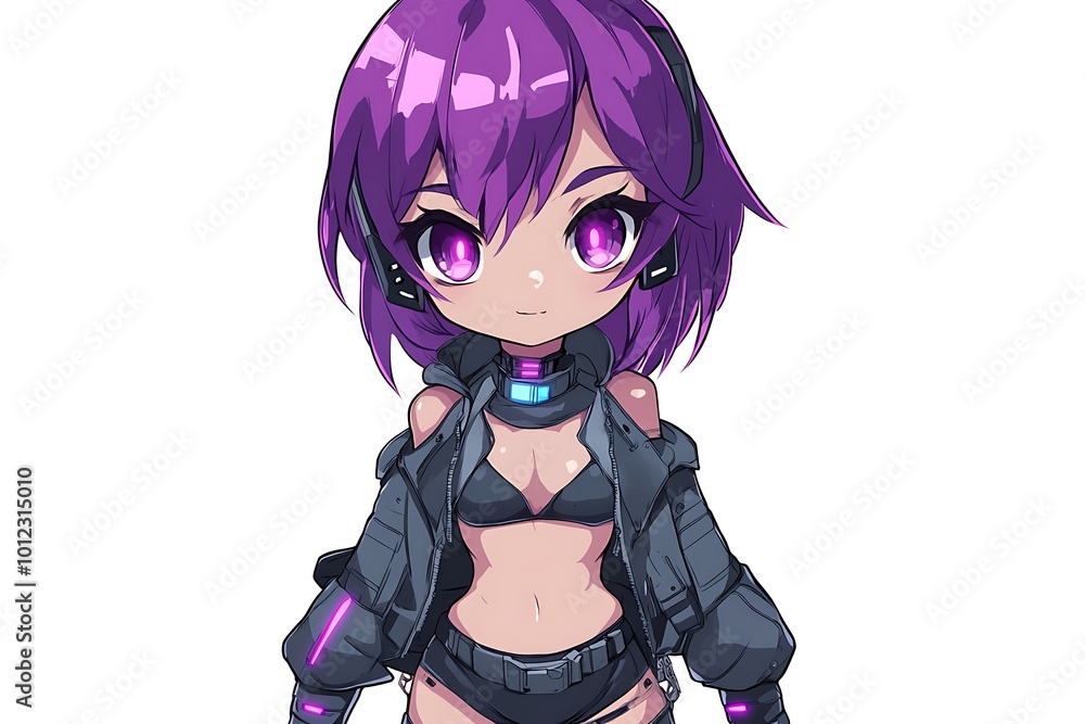 Cute anime girl with purple hair and cyberpunk outfit Cute anime girl with purple hair and cyberpunk outfit