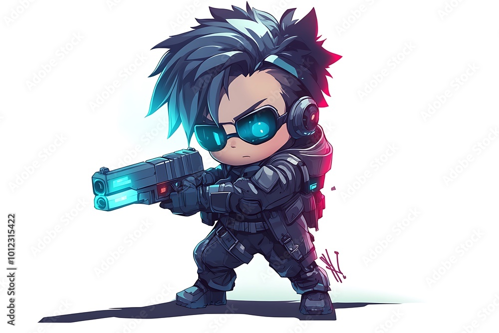 Chibi Anime Character Holding Gun, Video Game Avatar Illustration Chibi Anime Character Holding Gun, Video Game Avatar Illustration