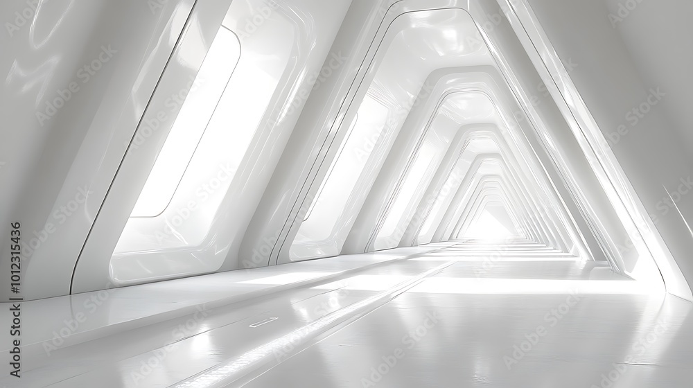 A futuristic white hallway with triangular shaped walls and a bright light at the end. A futuristic white hallway with triangular shaped walls and a bright light at the end.