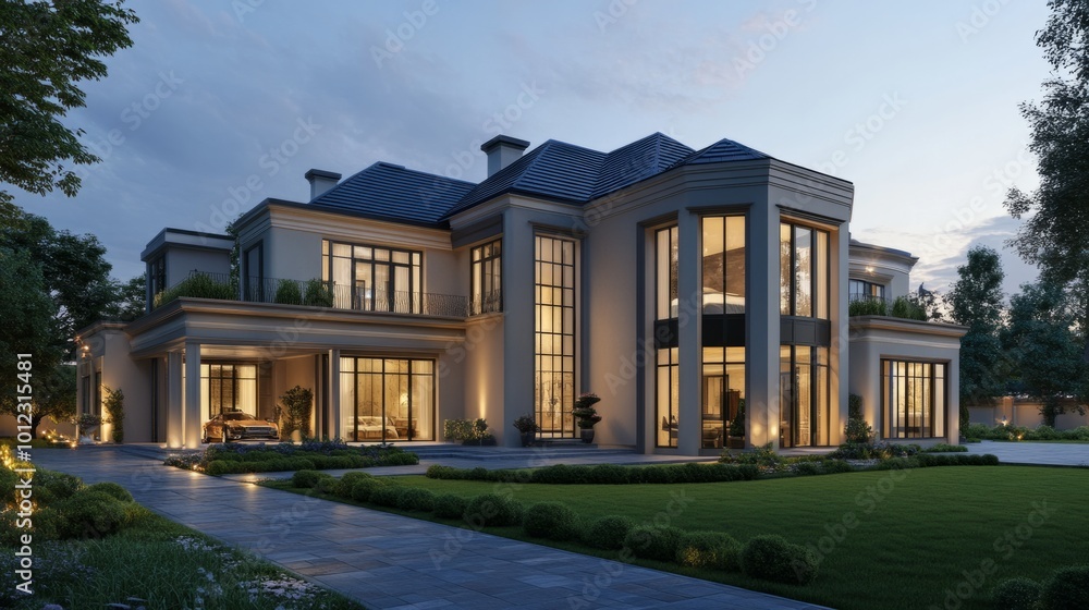 Luxury home exterior, modern design with lawn and driveway. generative ai Luxury home exterior, modern design with lawn and driveway. generative ai