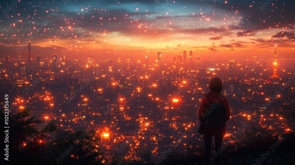 A lone figure gazes at a distant city skyline bathed in the warm glow of a sunset, with a twinkling sky above. A lone figure gazes at a distant city skyline bathed in the warm glow of a sunset, with a twinkling sky above.