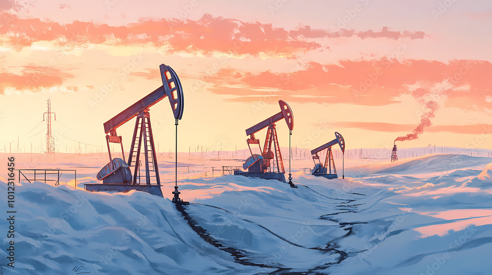 Fototapeta premium Pipelines stretch across siberian tundra as oil pumps extract black gold from the frozen earth, symbolizing russia's rich oil production and vast energy reserves. Siberian Tundra. Illustration