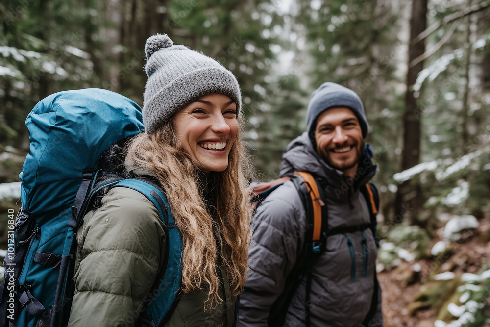 A smiling woman and man are posing for a photo in the woods A smiling woman and man are posing for a photo in the woods