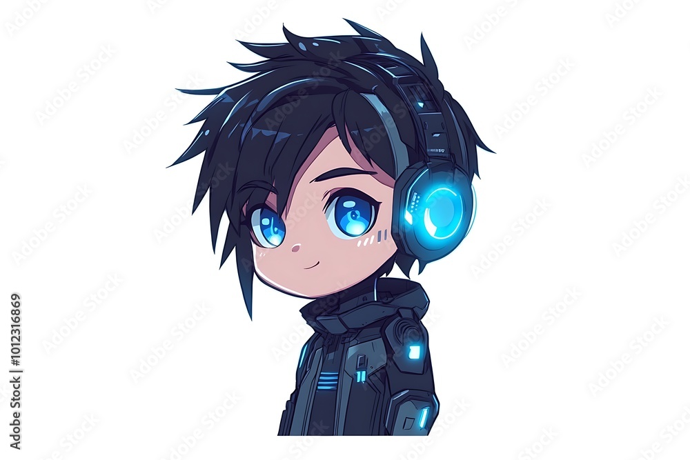 Cute Anime Boy Gamer with Headphones, Digital Art Illustration Cute Anime Boy Gamer with Headphones, Digital Art Illustration