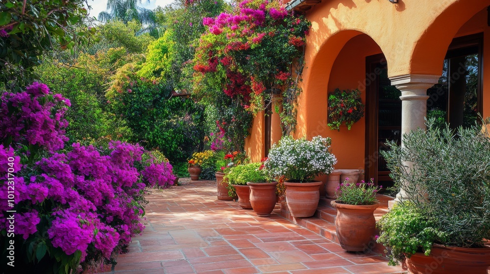 Obraz premium Terracotta Pots and Lush Greenery on a Patio with an Arched Entrance