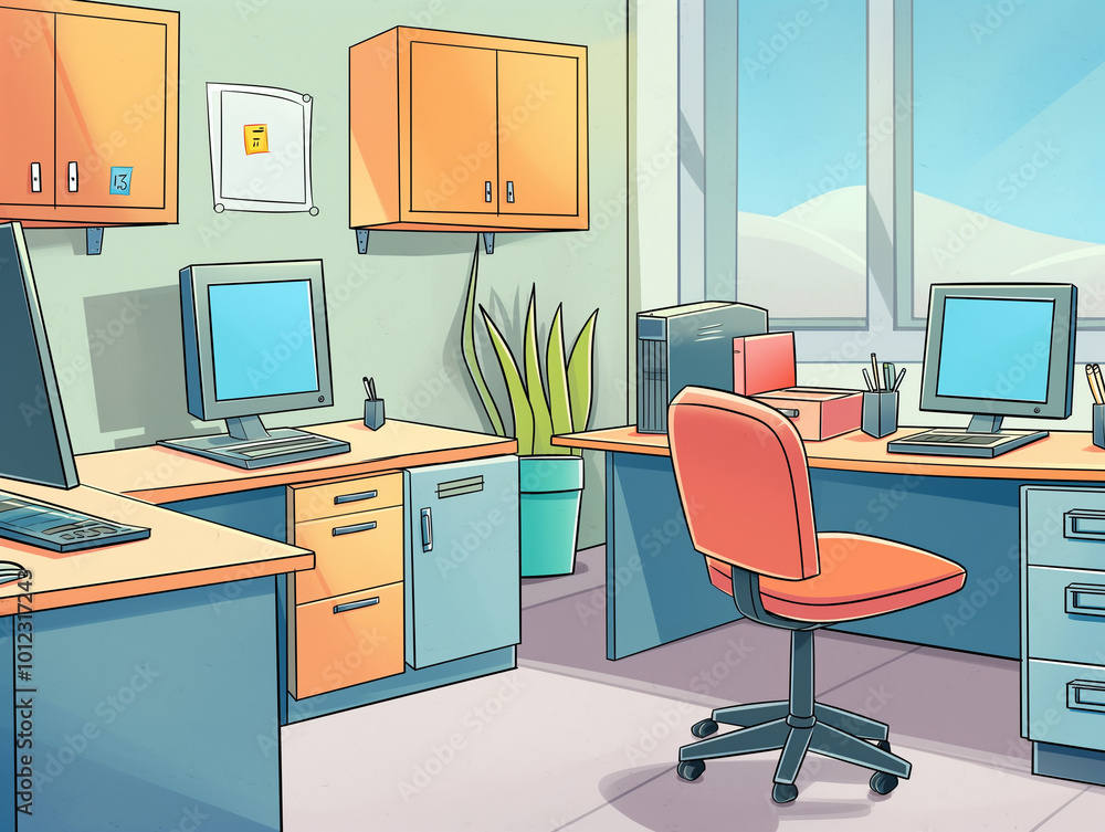 Functional Office Layout: Professional Setting with Cubicles and Computers Functional Office Layout: Professional Setting with Cubicles and Computers