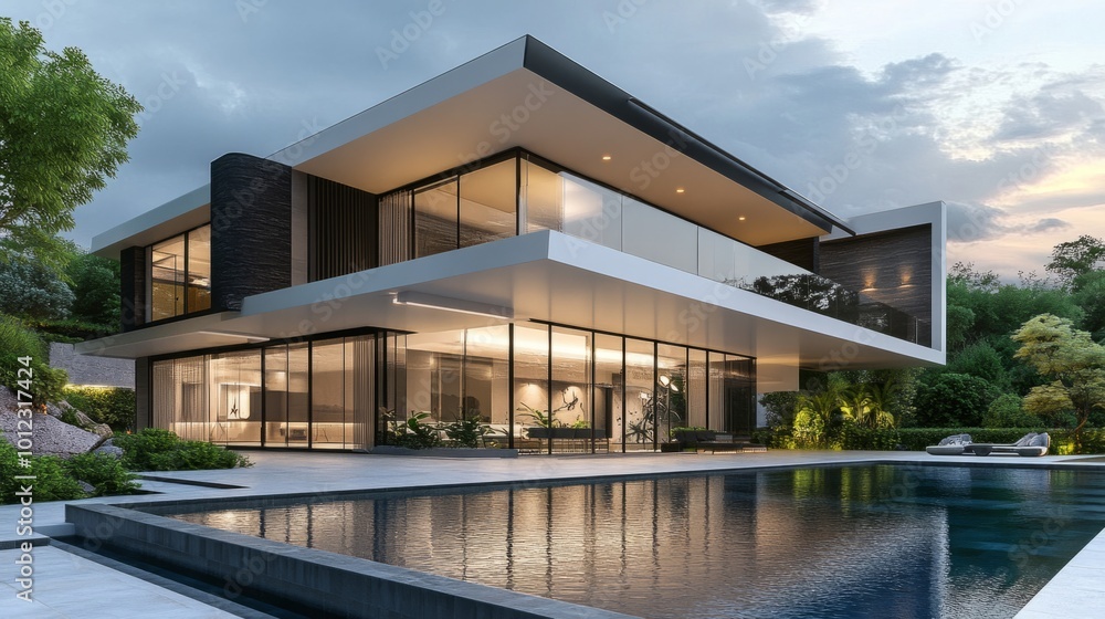 Fototapeta premium Luxury modern home with pool, garden, and sleek architectural design. generative ai