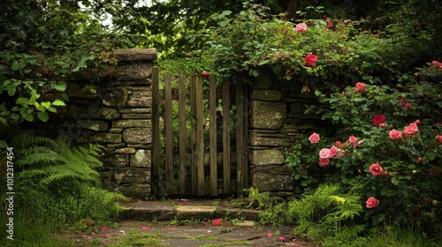 A Rustic Wooden Gate in a Lush Rose Garden