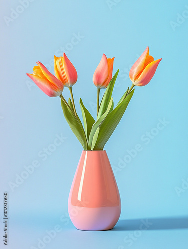 A photograph of tulips in a vase on a light blue background, minimalist in style. 