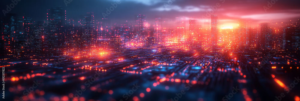 Futuristic city skyline with glowing lights. Futuristic city skyline with glowing lights.