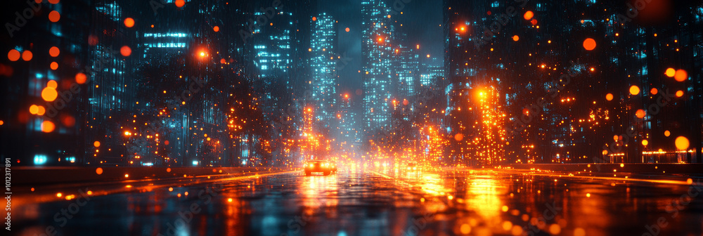 A car drives through a futuristic city at night, with tall buildings and glowing lights. A car drives through a futuristic city at night, with tall buildings and glowing lights.