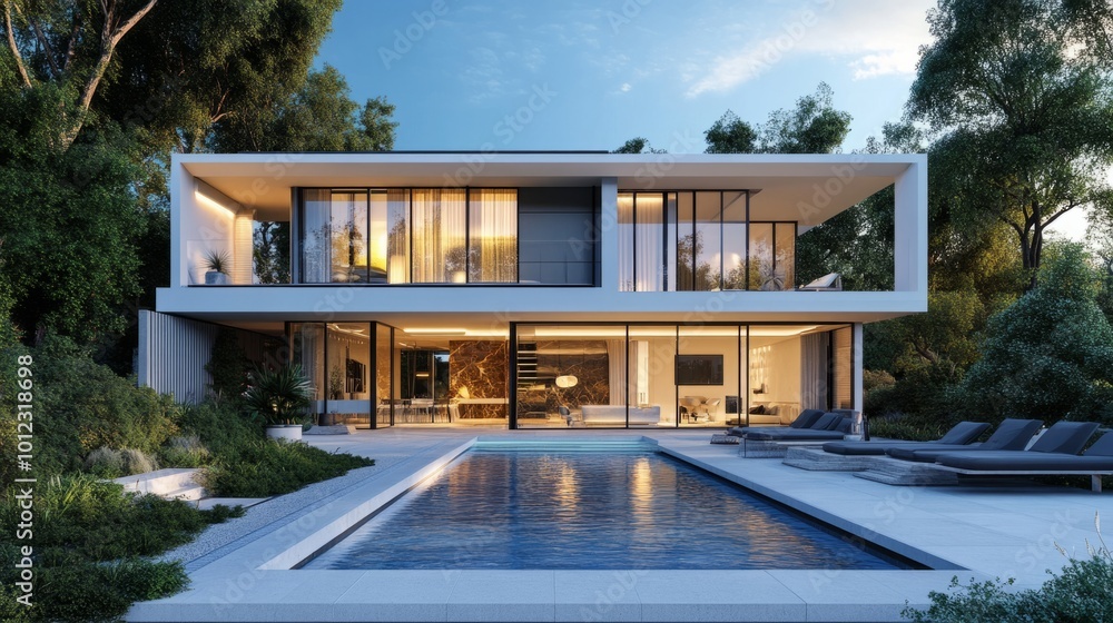 Fototapeta premium Luxury modern home with pool, garden, and sleek architectural design. generative ai