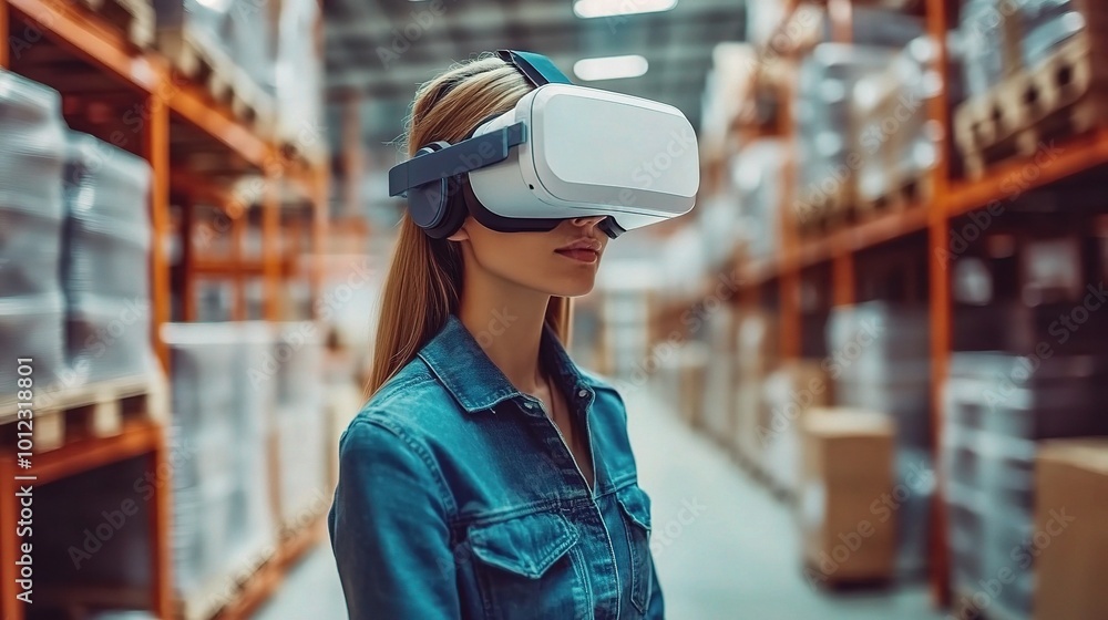 Woman Using Virtual Reality Headset in Warehouse Environment Woman Using Virtual Reality Headset in Warehouse Environment