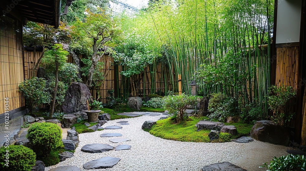 Serene Zen Garden with Lush Greenery and Stones Serene Zen Garden with Lush Greenery and Stones