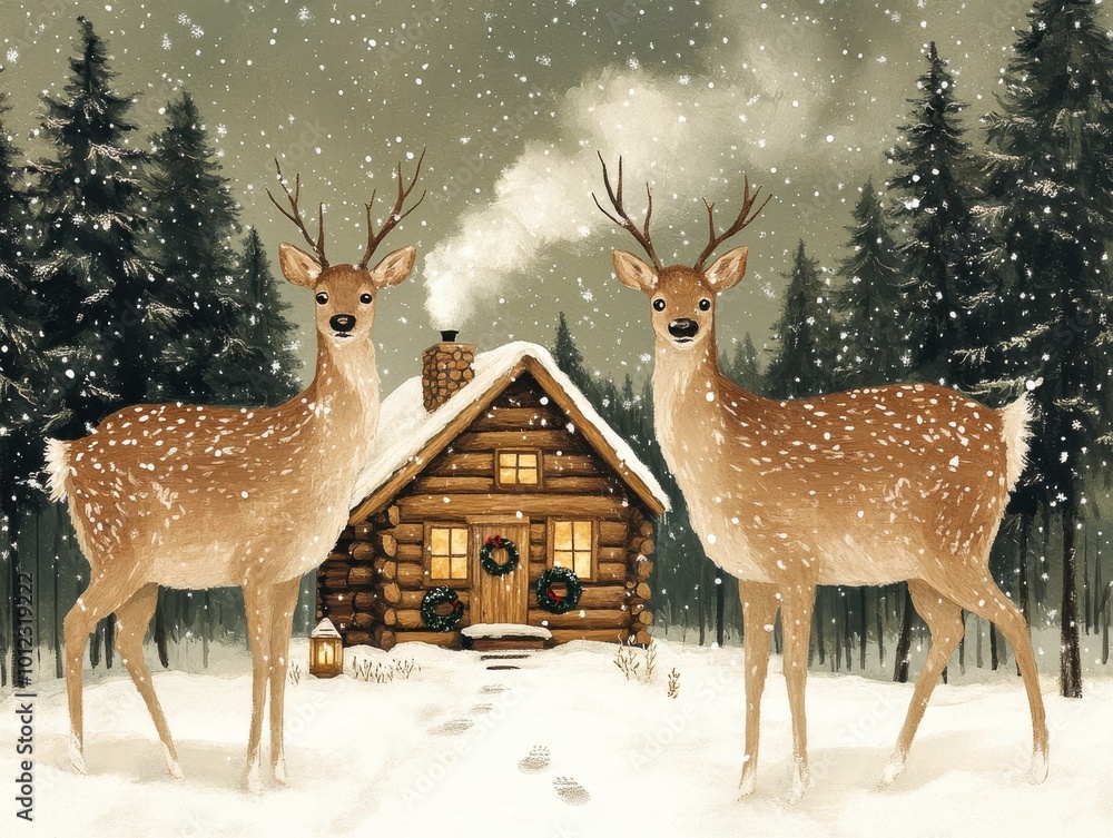 Fototapeta premium Enchanting Winter Woodland Scene with Two Deer and Cozy Log Cabin Amidst Snow-Covered Forest for Peaceful Holiday Vibes