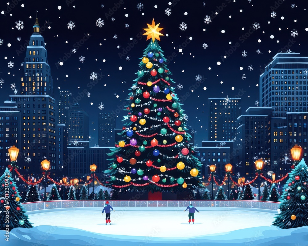 Obraz premium Majestic Christmas Tree Illuminates Snowy Cityscape with Skaters Enjoying Holiday Spirit Under Twinkling Stars and Festive Lights