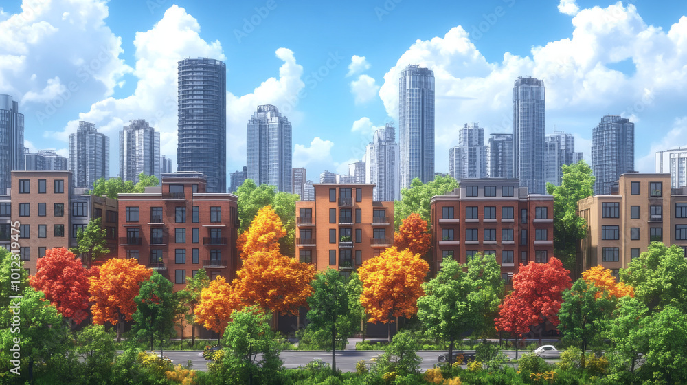 Cityscape with fall foliage and tall buildings in the background. Cityscape with fall foliage and tall buildings in the background.
