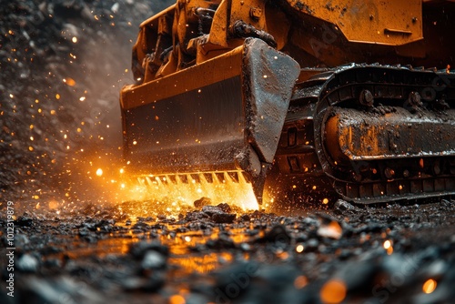 A close-up of a bulldozer's blade cutting through asphalt, sending sparks flying into the air.