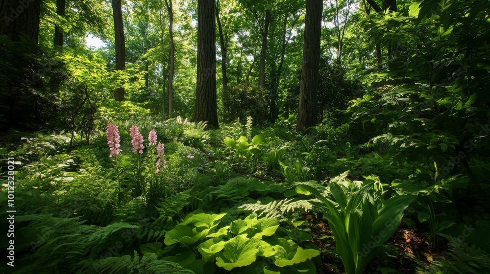 Fototapeta premium Lush Forest Undergrowth with Pink Flowers